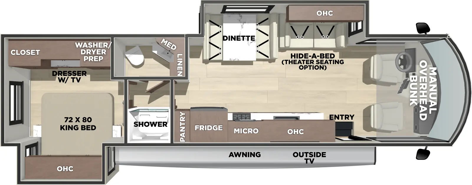 The Georgetown 3 Series GT3 32A3 floorplan has one entry and two slide outs. Exterior features include: 17' awning and outside entertainment. Interiors features include: rear bedroom, bunk over cab and dinette.